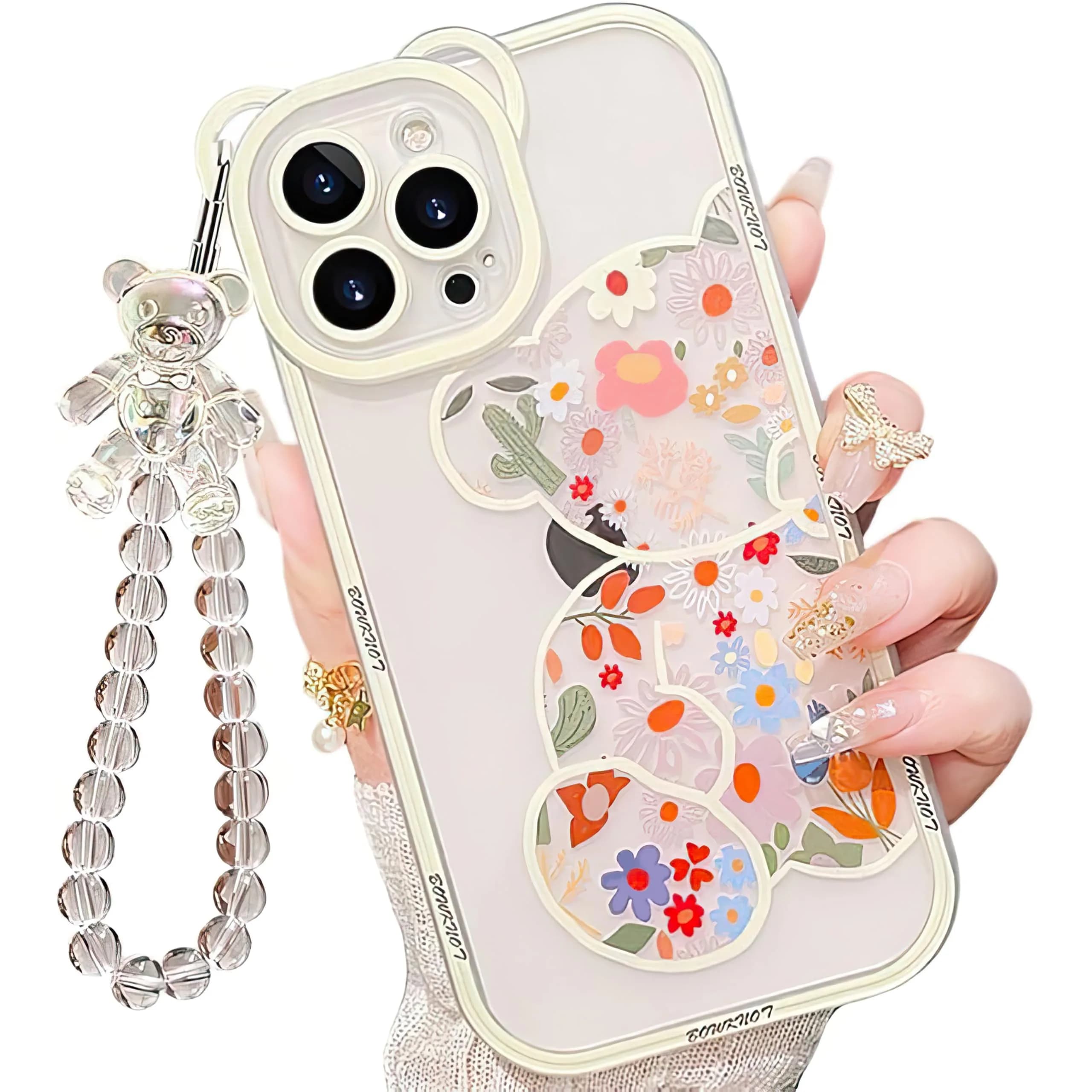 IAIYOXI iPhone 13 Pro Max Case with Floral Bear Pattern | Clear, Camera Protector & Strap Chain - main product image