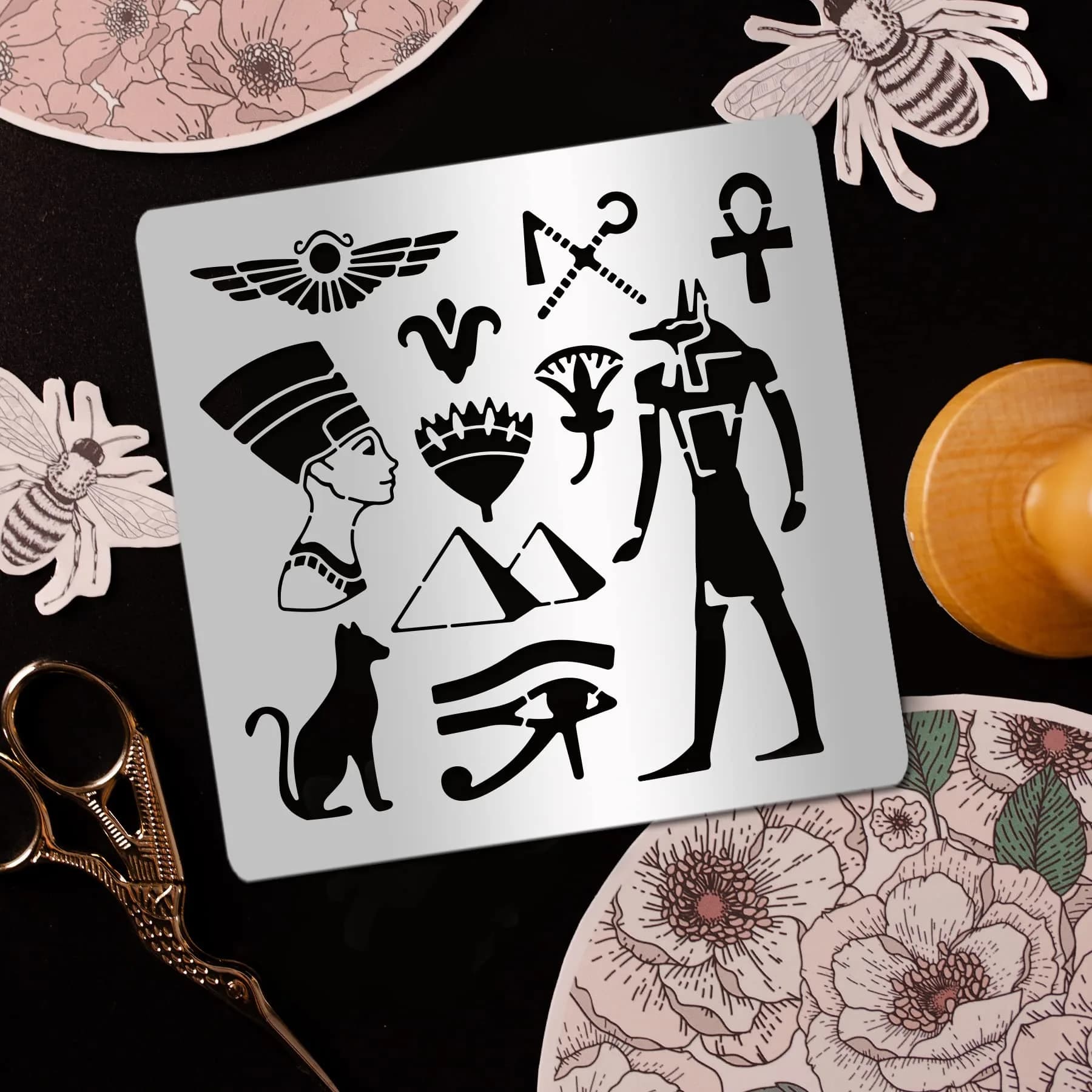 INFUNLY Egyptian Metal Journal Stencil 6.5" Animal Pattern Hieroglyphics Stencils | Reusable Stainless Steel Template for Art Crafts thumbnail 3