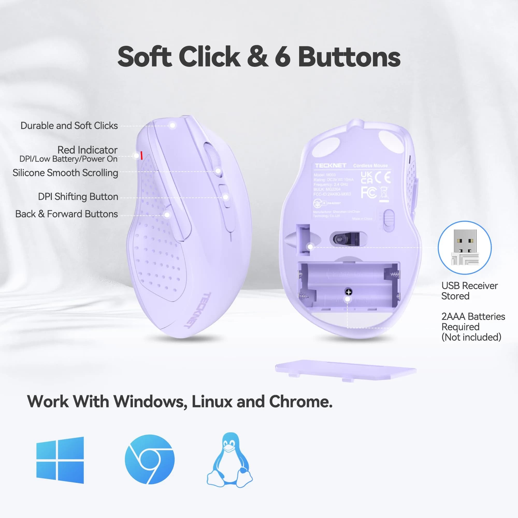 TECKNET M003 Wireless Mouse - Lavender, 2.4G Ergonomic Computer Mouse with 2600 DPI for Right-Handed Use - view 4