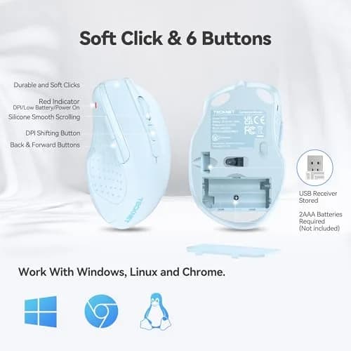 TECKNET Wireless Mouse M003, Lightblue, 2.4G Ergonomic Computer Mouse with 2600 DPI | Right-Handed Use thumbnail 7