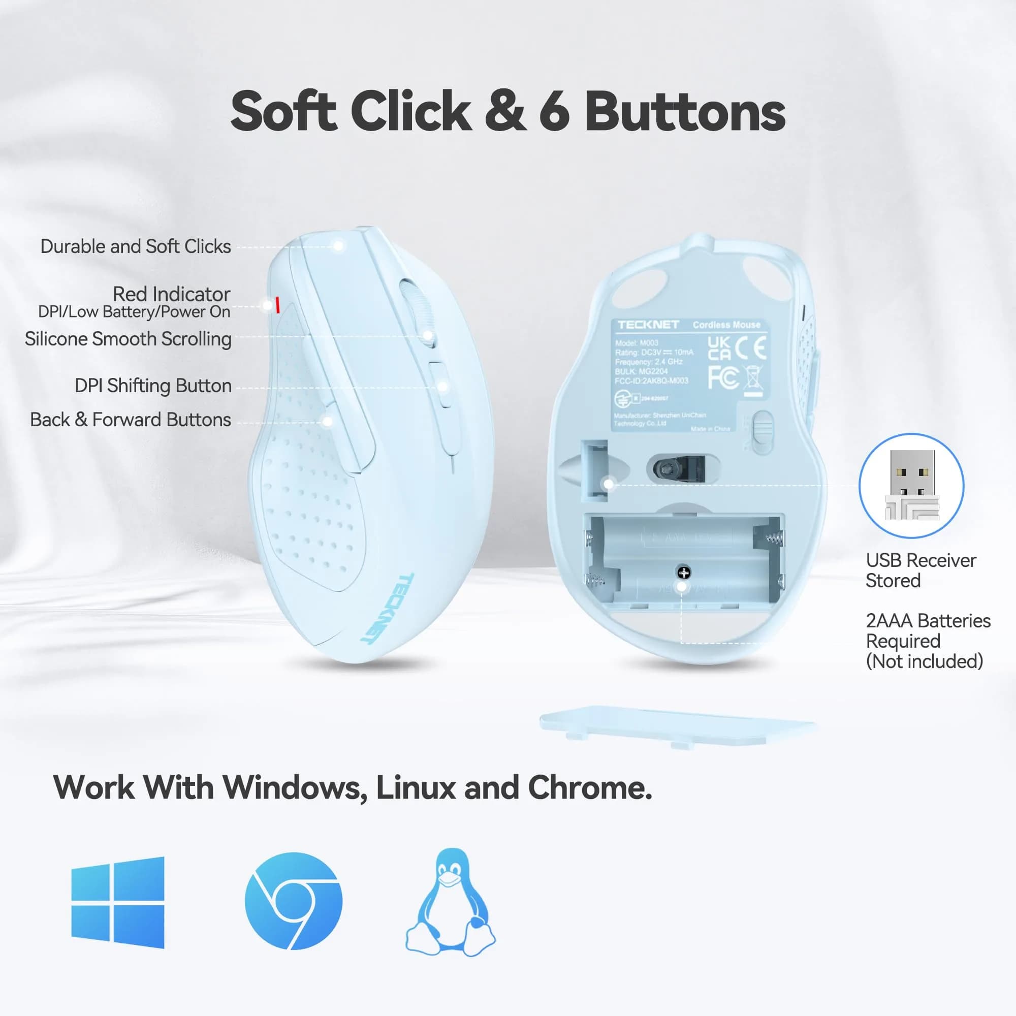 TECKNET Wireless Mouse M003, Lightblue, 2.4G Ergonomic Computer Mouse with 2600 DPI | Right-Handed Use - view 7