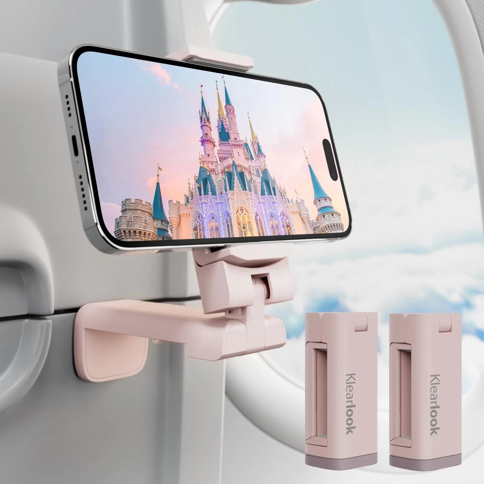 Klearlook Universal Airplane Phone Holder 2 Pack Pink | Rotatable Mount for Tray Table & Desk, Hands-Free Adjustable Stand