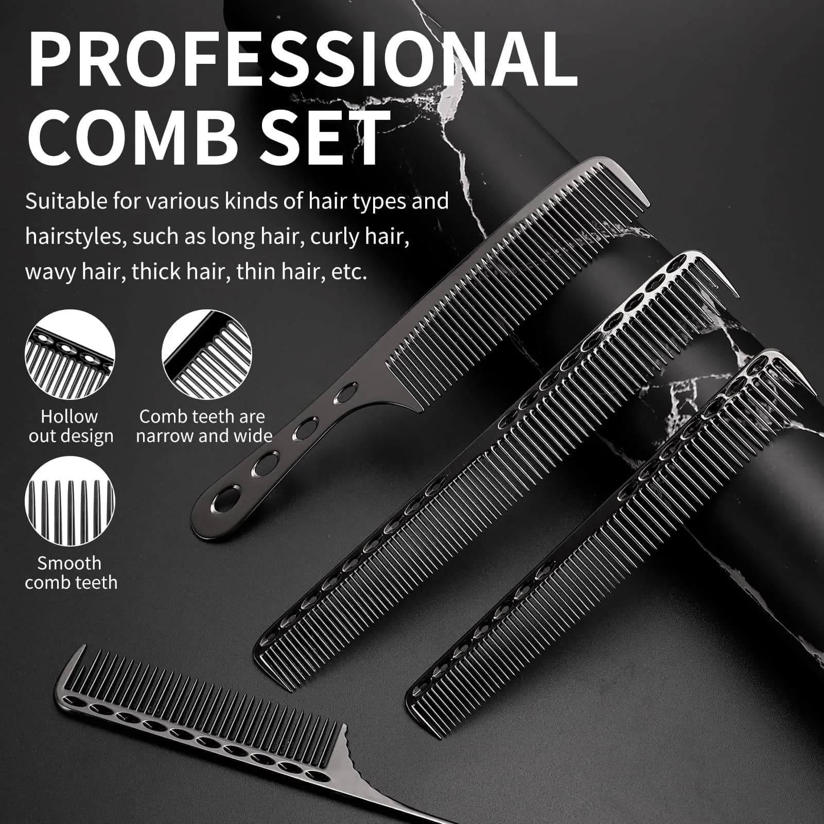 CGBARBER Professional Black Aluminum Barber Comb Set with Tail Comb | 4-Piece Styling & Cutting Set - view 3