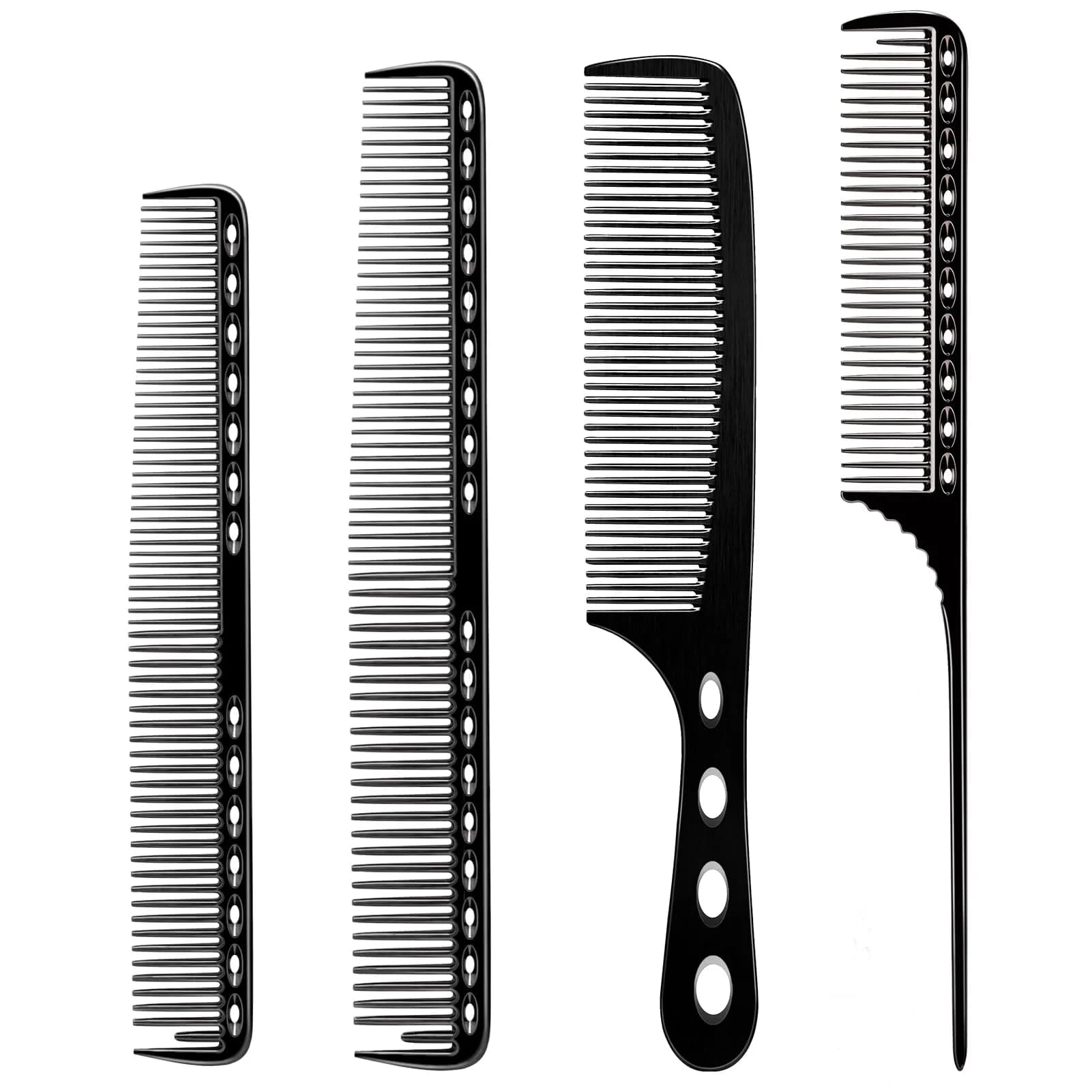 CGBARBER Professional Barber Aluminum Comb Set with Tail Comb (Rose Gold) | 4-Piece Styling & Cutting Set — Black
