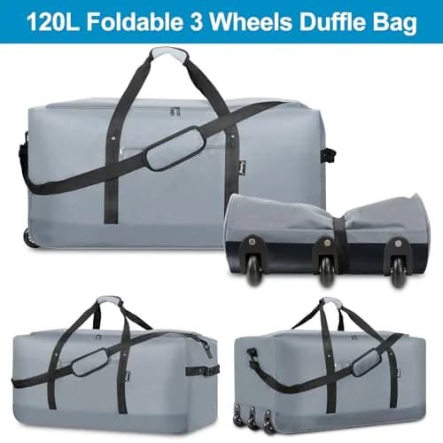 Finnhomy 120L Foldable Rolling Duffel Bag with 3 Wheels | Large Capacity, Lightweight Travel Bag (Grey) thumbnail 3