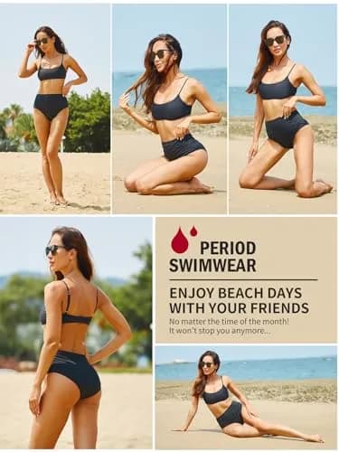 feitycom Period Swimwear High Waisted Bikini Bottoms for Women and Teens, 1 Piece (Black) thumbnail 6