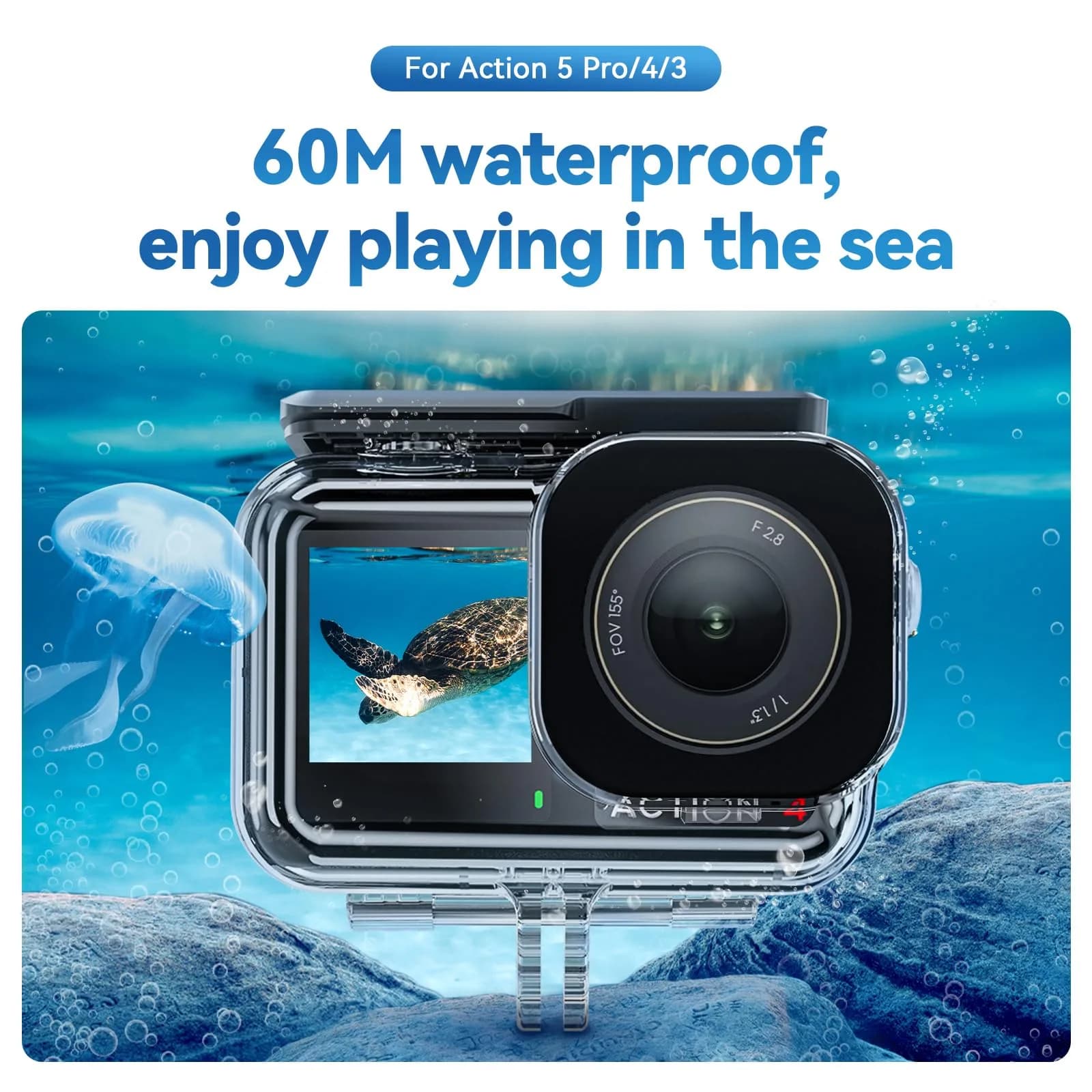 TELESIN Waterproof Case for DJI Action 3/4/5 Pro Camera, 60M Deep Diving Housing | Shockproof Underwater Shell Cage - view 3