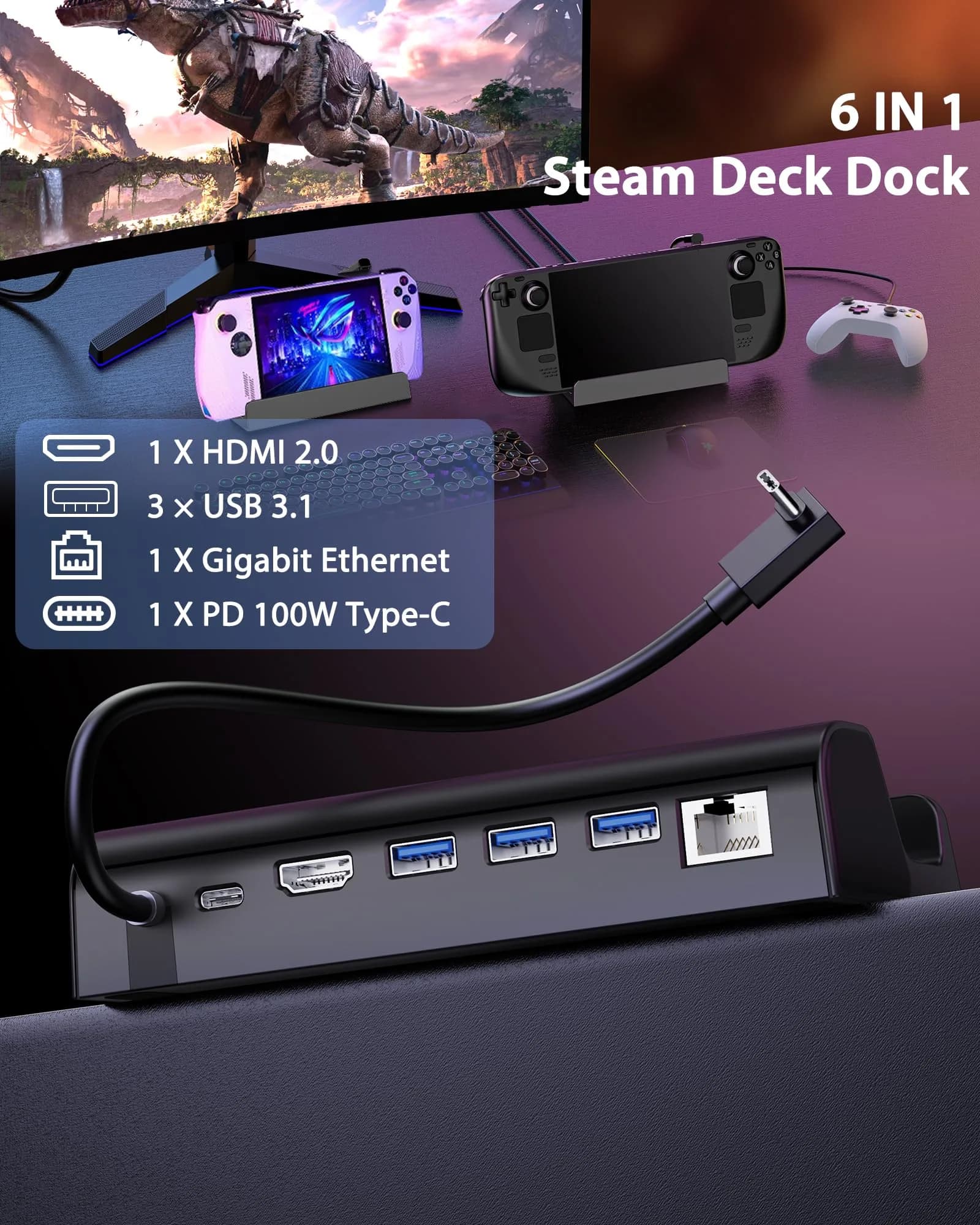 Antank 6-in-1 Docking Station for Steam Deck/ROG Ally, 15.6 cm (6.14 in) | 4K@60Hz HDMI 2.0, 100W PD Charging - view 2