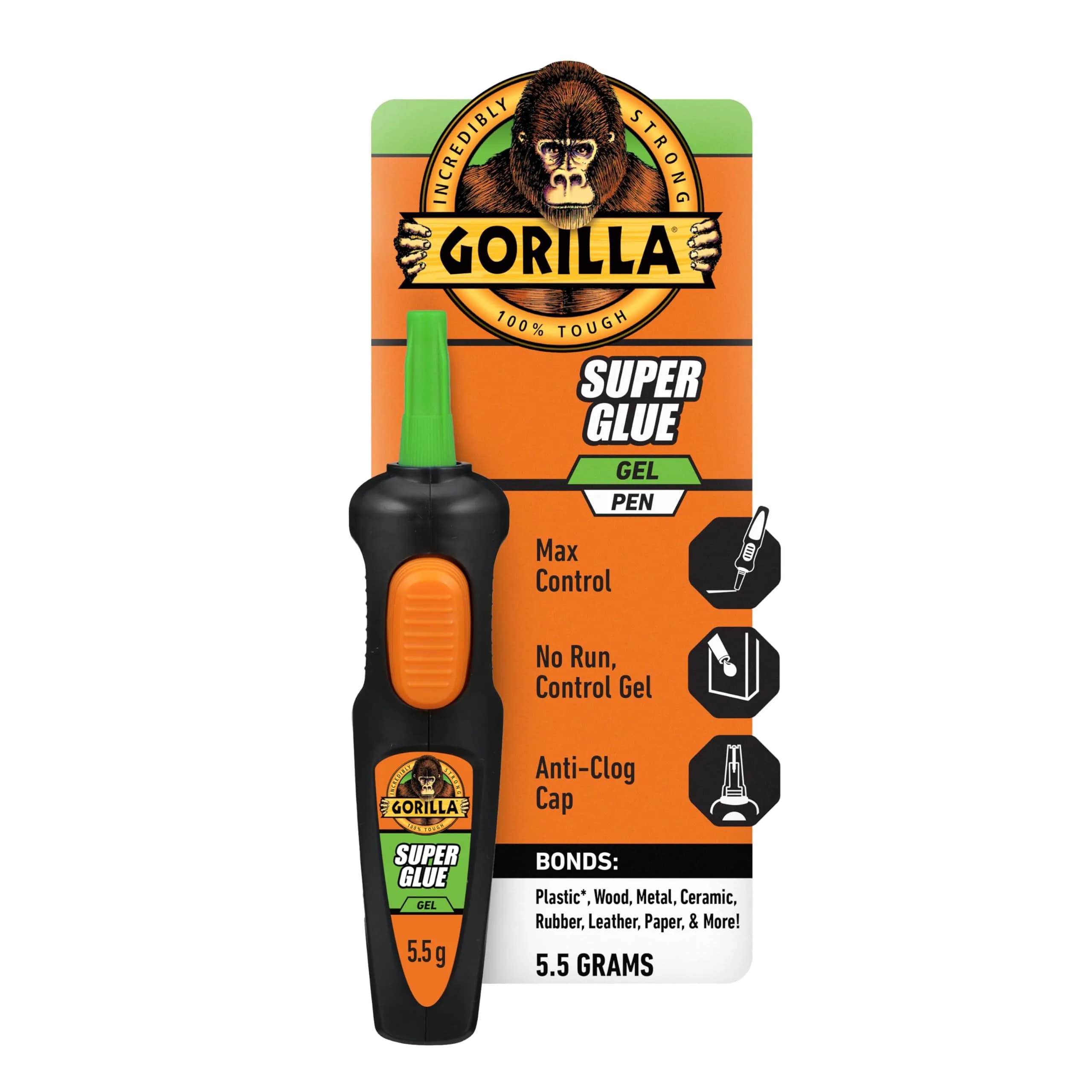 Gorilla Super Glue Gel Pen, 5.5 g | Fast-Setting Impact-Resistant Adhesive — Orange,white