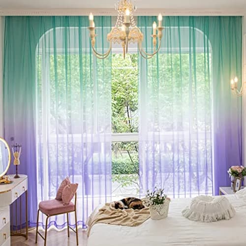 PHILEASY Gradient Cyan Blue Sheer Curtains 52"W x 63"L - Pack of 2 Light-Filtering Rod Pocket Panels - main product image