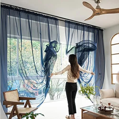 PHILEASY Navy Blue Sheer Curtains 52"W x 72"L (Pack of 2) - Light-Filtering Rod Pocket Panels - main product image