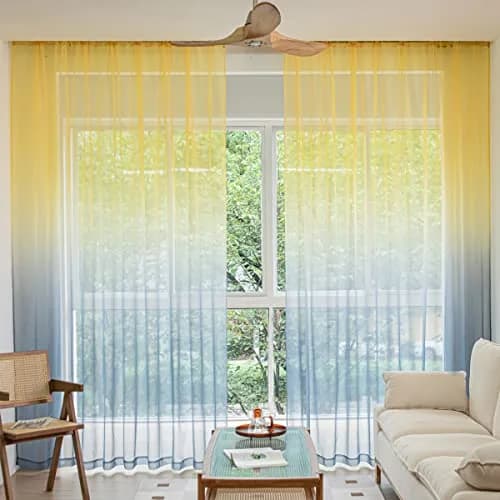 PHILEASY Gradient Yellow Grey Sheer Curtains 72" L x 52" W - Pack of 2 | Light-Filtering Rod Pocket Panels - main product image