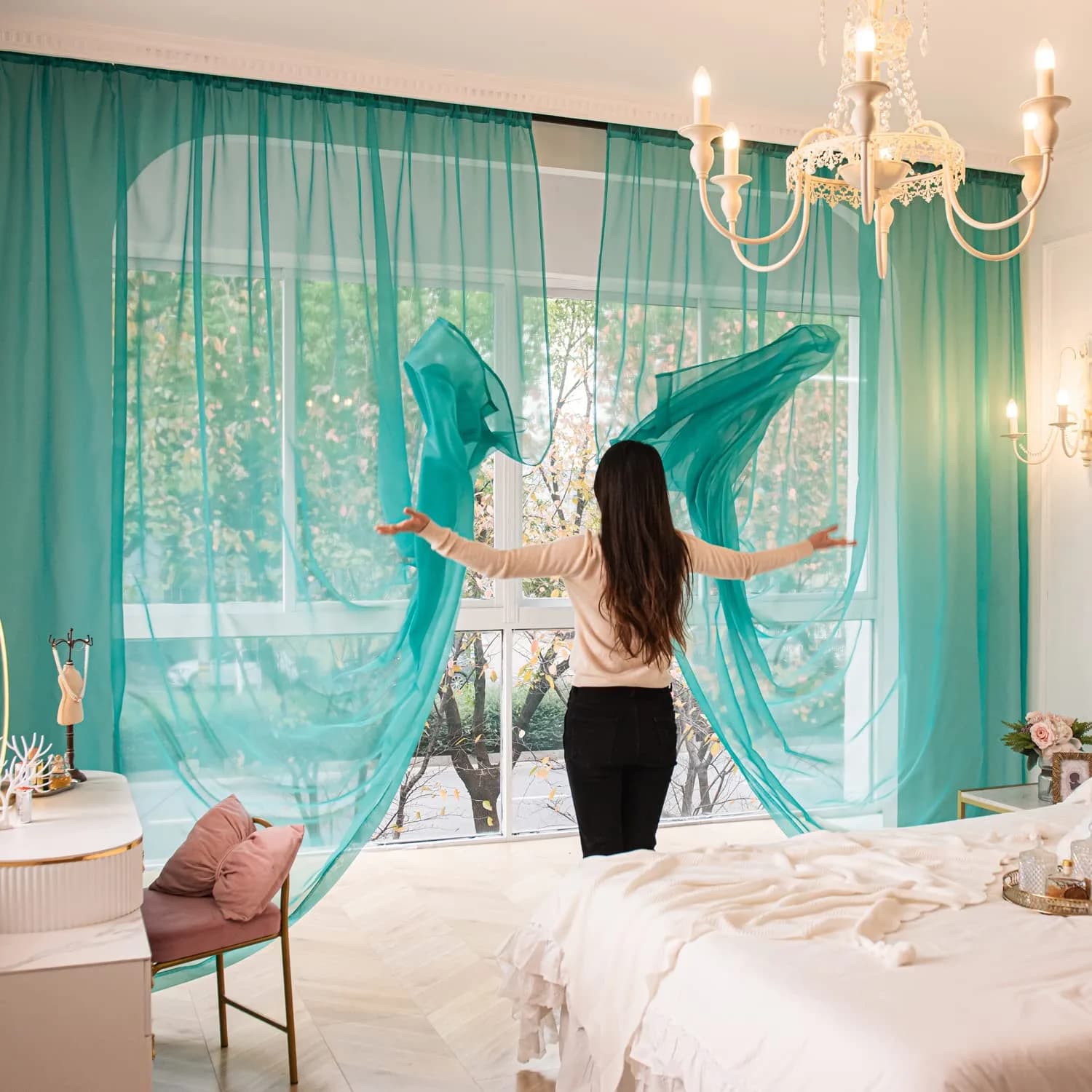 PHILEASY Turquoise Sheer Curtains 95" Long x 52" Wide - Pack of 2 - main product image
