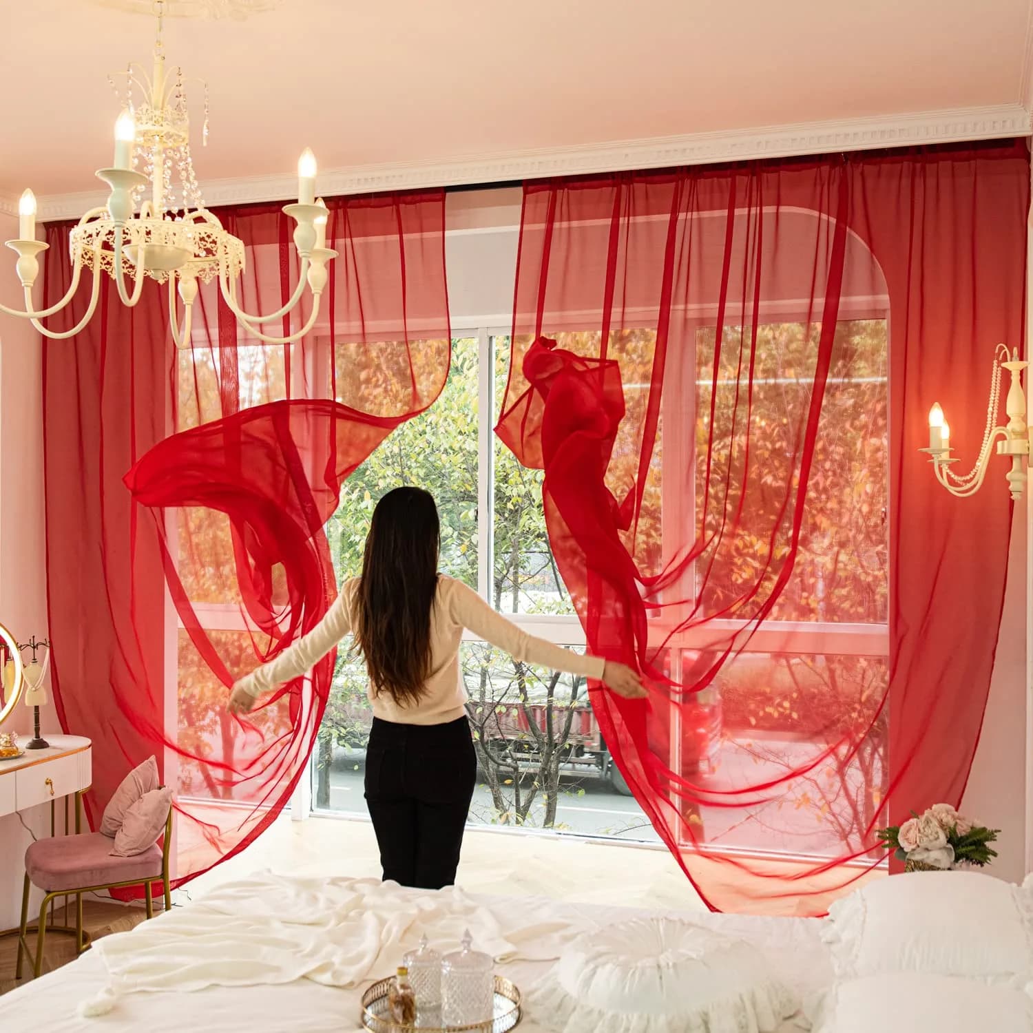 PHILEASY Rose Sheer Curtains 45" L x 52" W - Pack of 2 | Light-Filtering Rod Pocket Panels - main product image