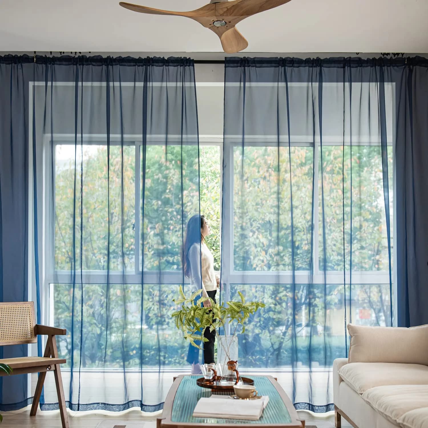PHILEASY Navy Blue Sheer Curtains 108" Long x 52" Wide - Pack of 2 | Light-Filtering Rod Pocket Panels - view 2