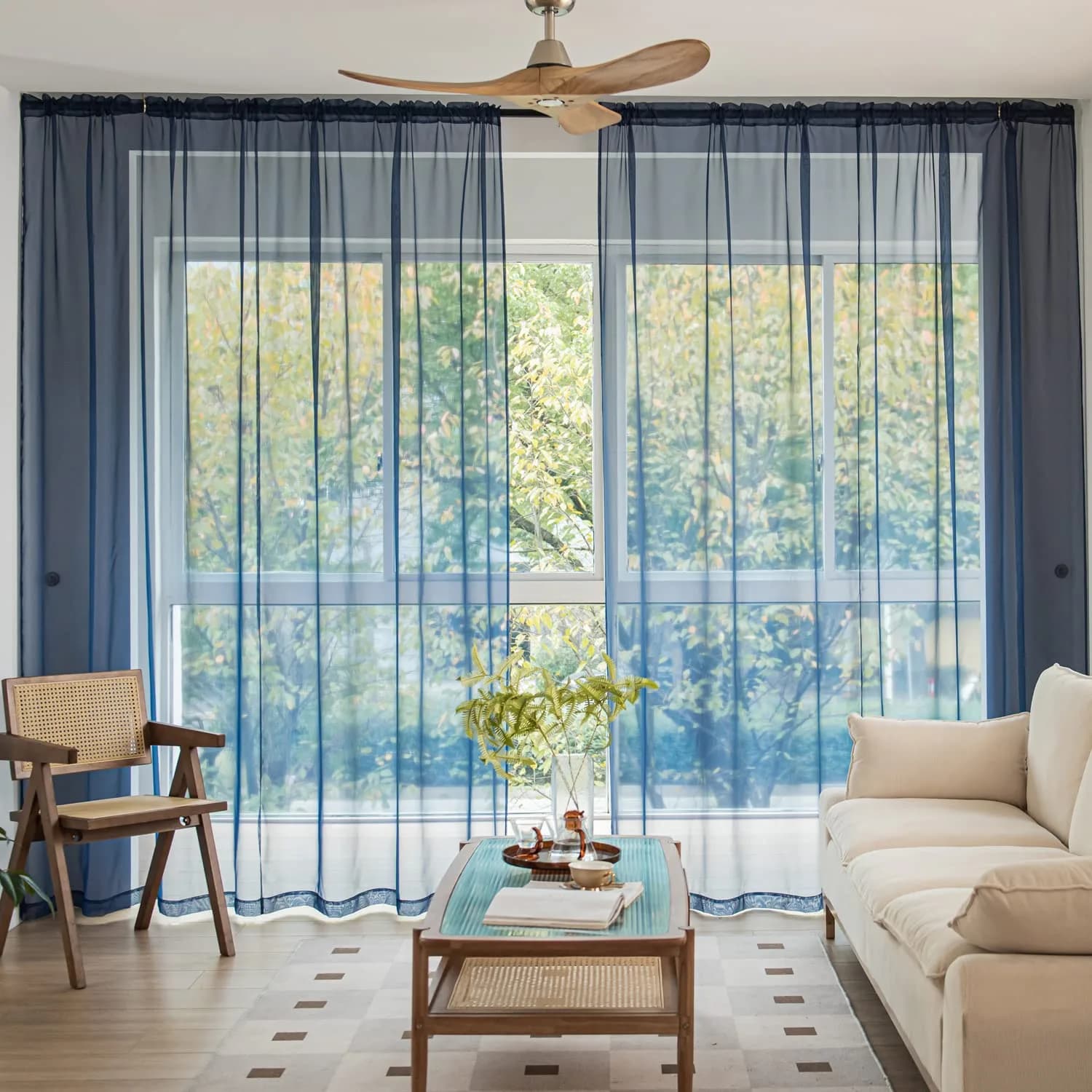 PHILEASY Navy Blue Sheer Curtains 108" Long x 52" Wide - Pack of 2 | Light-Filtering Rod Pocket Panels - view 3