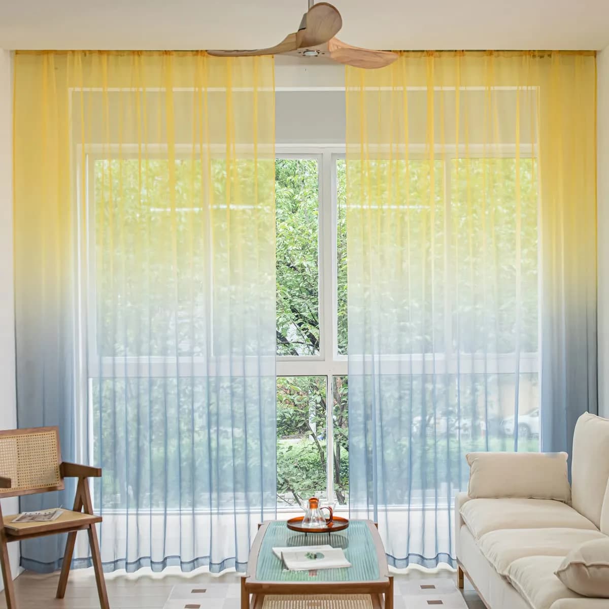 PHILEASY Gradient Yellow Grey Sheer Curtains 52"W x 84"L - Pack of 1 | Light-Filtering Rod Pocket Panels - main product image