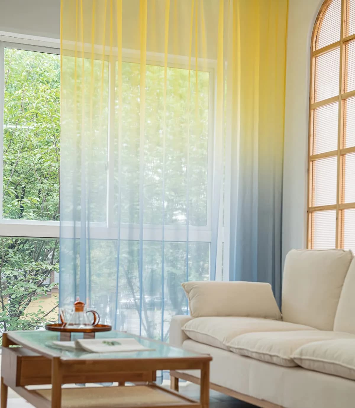 PHILEASY Gradient Yellow Grey Sheer Curtains 52"W x 84"L - Pack of 1 | Light-Filtering Rod Pocket Panels - view 2