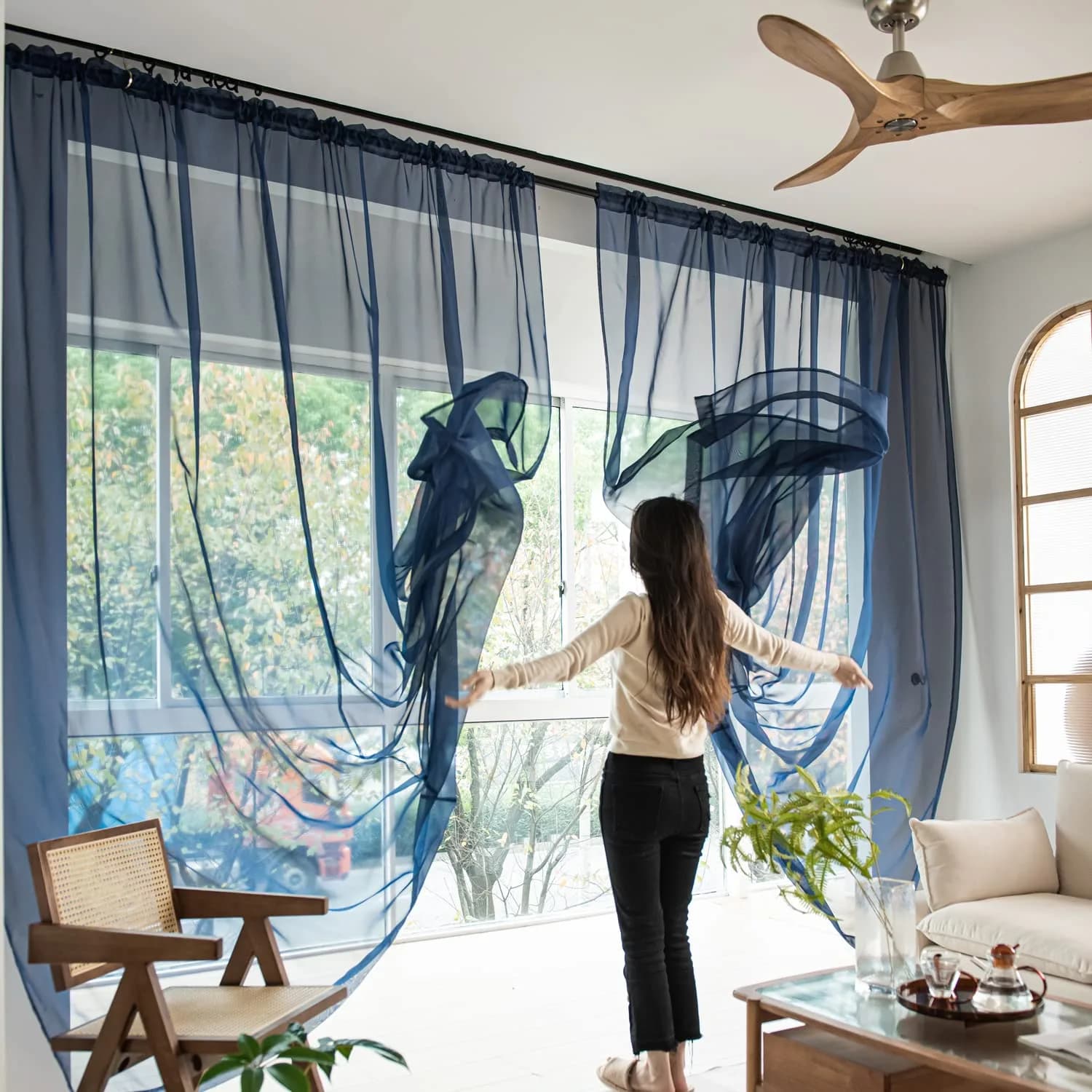 PHILEASY Navy Blue Sheer Curtains 90 Inches Long, 52 Inches Wide - Pack of 2 - main product image