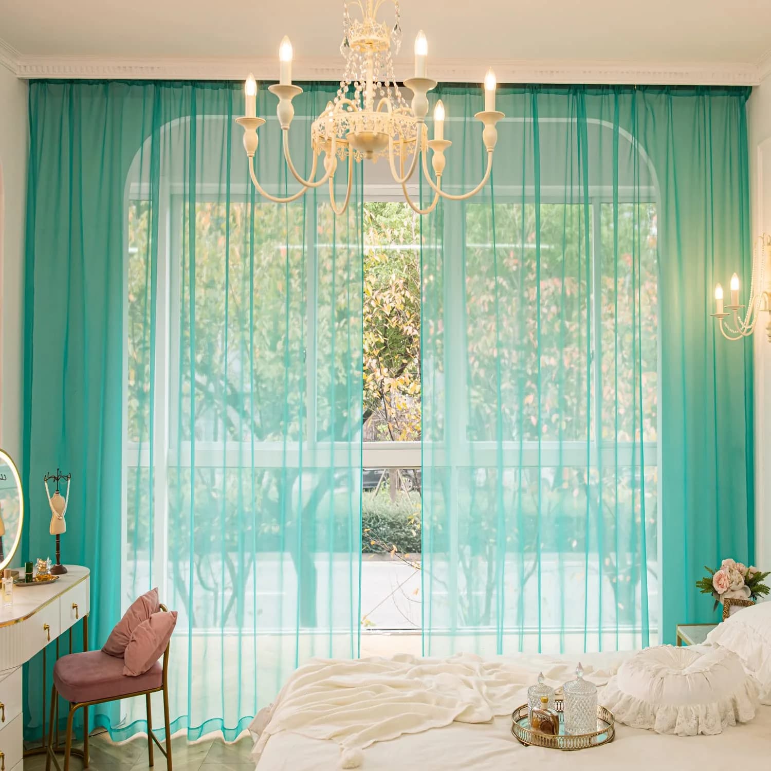 PHILEASY Turquoise Sheer Curtains 90 Inches Long, 52 Inches Wide - Pack of 2 - view 2