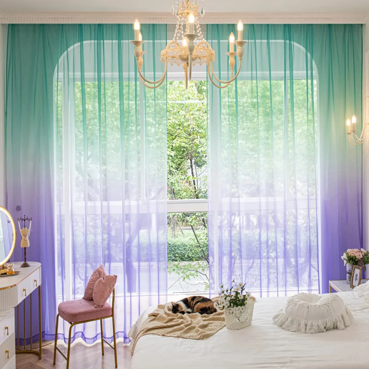 PHILEASY Gradient Cyan-Blue Sheer Curtains 52"W x 72"L (Pack of 2) - Light-Filtering Rod Pocket Panels - main product image