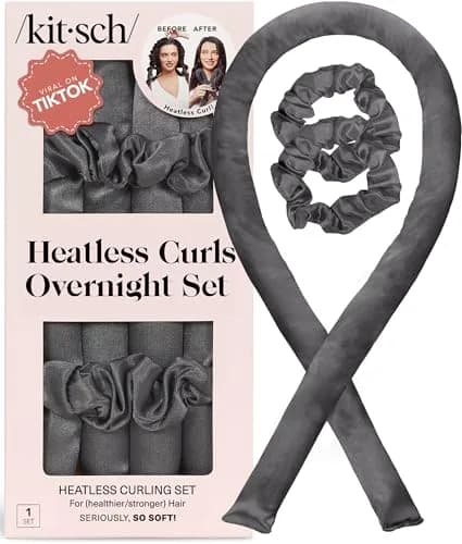 Kitsch Satin Heatless Curls Overnight Set - Charcoal | 86cm (34") Heatless Curling Rod & 2 Satin Scrunchies thumbnail 1