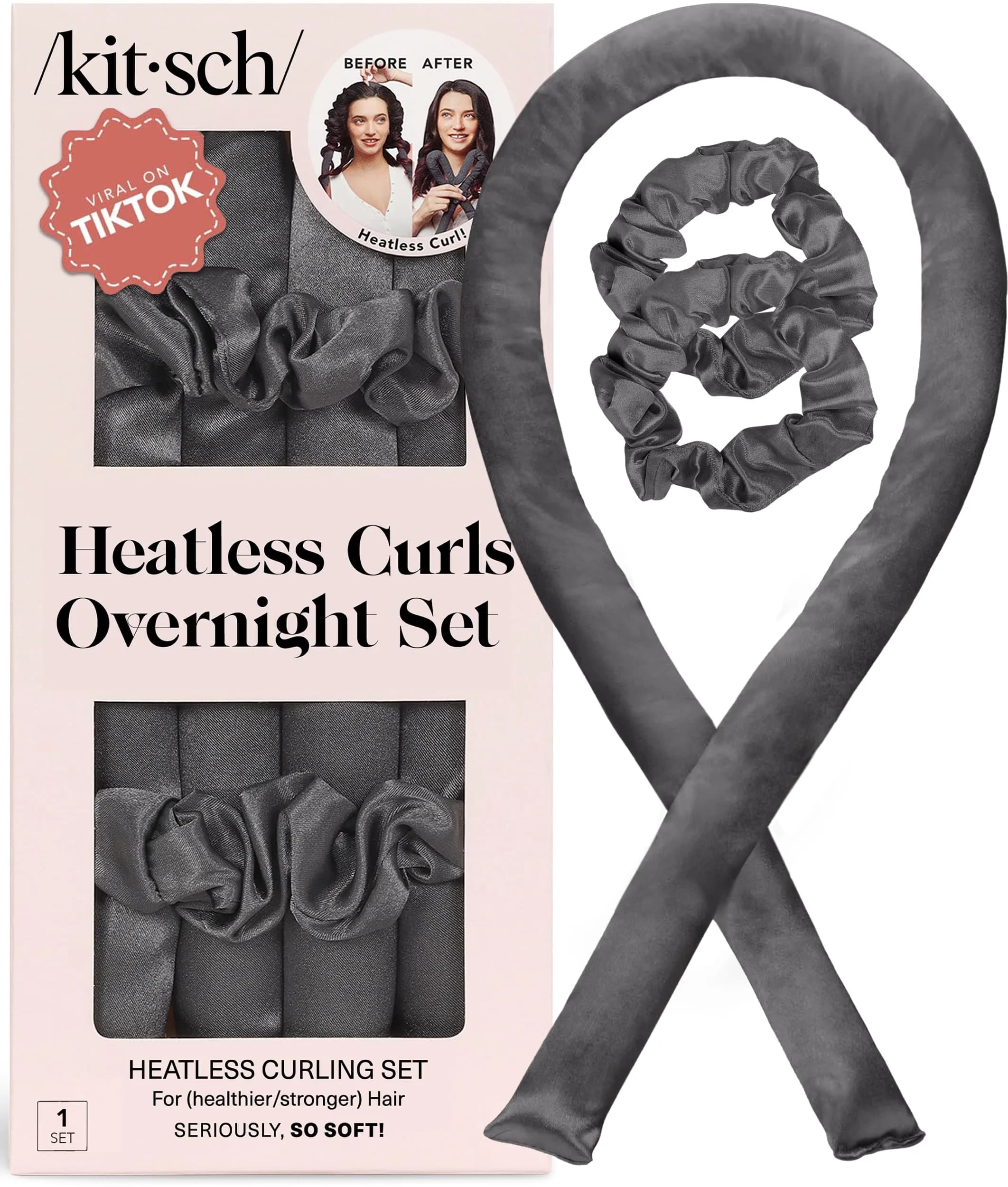 Kitsch Satin Heatless Curls Overnight Set - Charcoal | 86cm (34") Heatless Curling Rod & 2 Satin Scrunchies - main product image