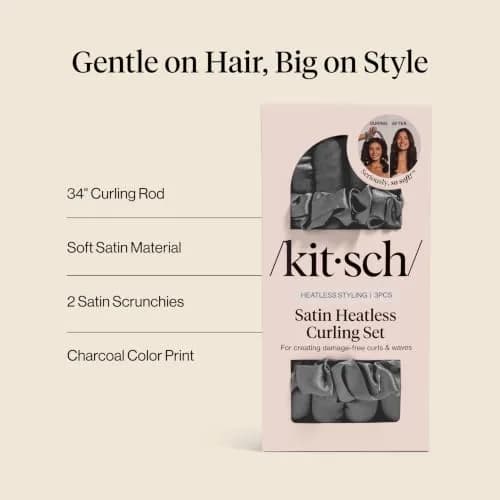 Kitsch Satin Heatless Curls Overnight Set - Charcoal | 86cm (34") Heatless Curling Rod & 2 Satin Scrunchies thumbnail 4