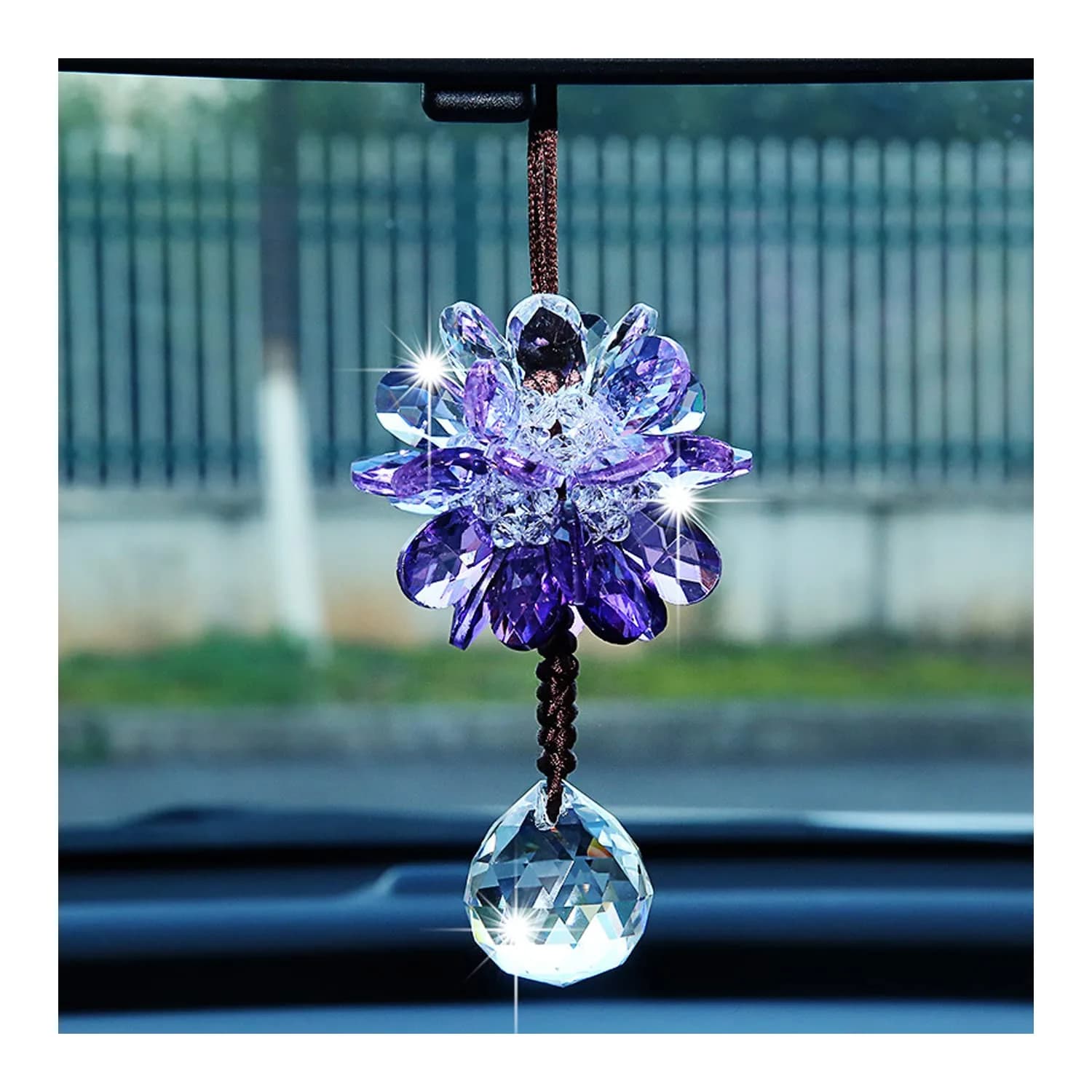 AICEL K9 Crystal Flower Rear View Mirror Pendant 13.8 inches (35 cm) | Handmade Lucky Ornament — White&ball, Purple Flower&ball, Colorful&ball, Purple, Pink, Gold, White, Colorful
