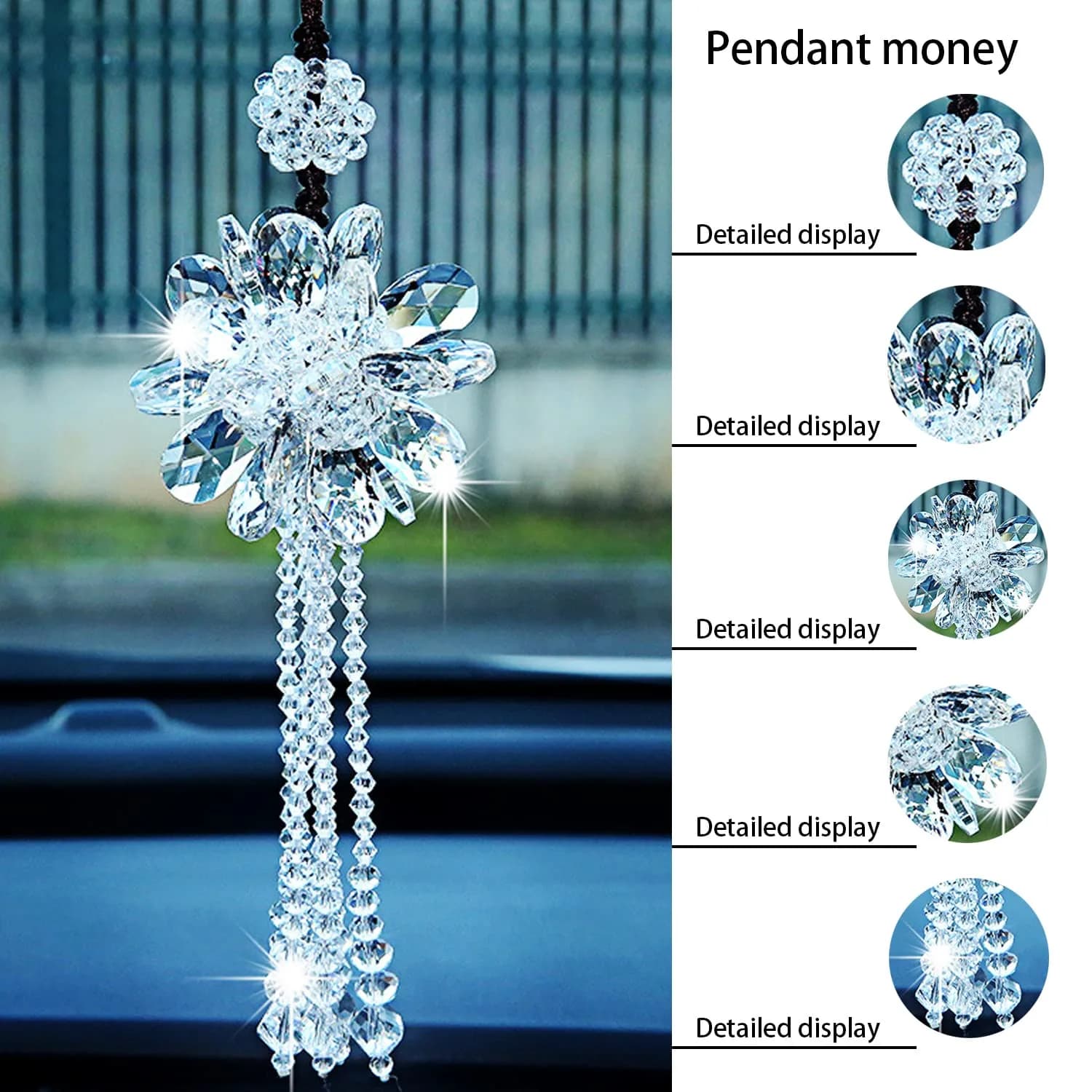 AICEL K9 Crystal Flower Rear View Mirror Pendant 13.8 inches (35 cm) | Handmade Lucky Ornament - view 3