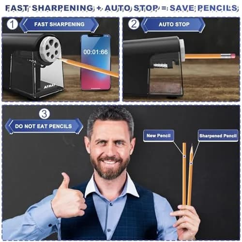AFMAT Electric Pencil Sharpener for Classroom, 6 Holes, Heavy Duty, Black, 16 cm (6.9 in) | Auto Stop & Save Pencils thumbnail 3