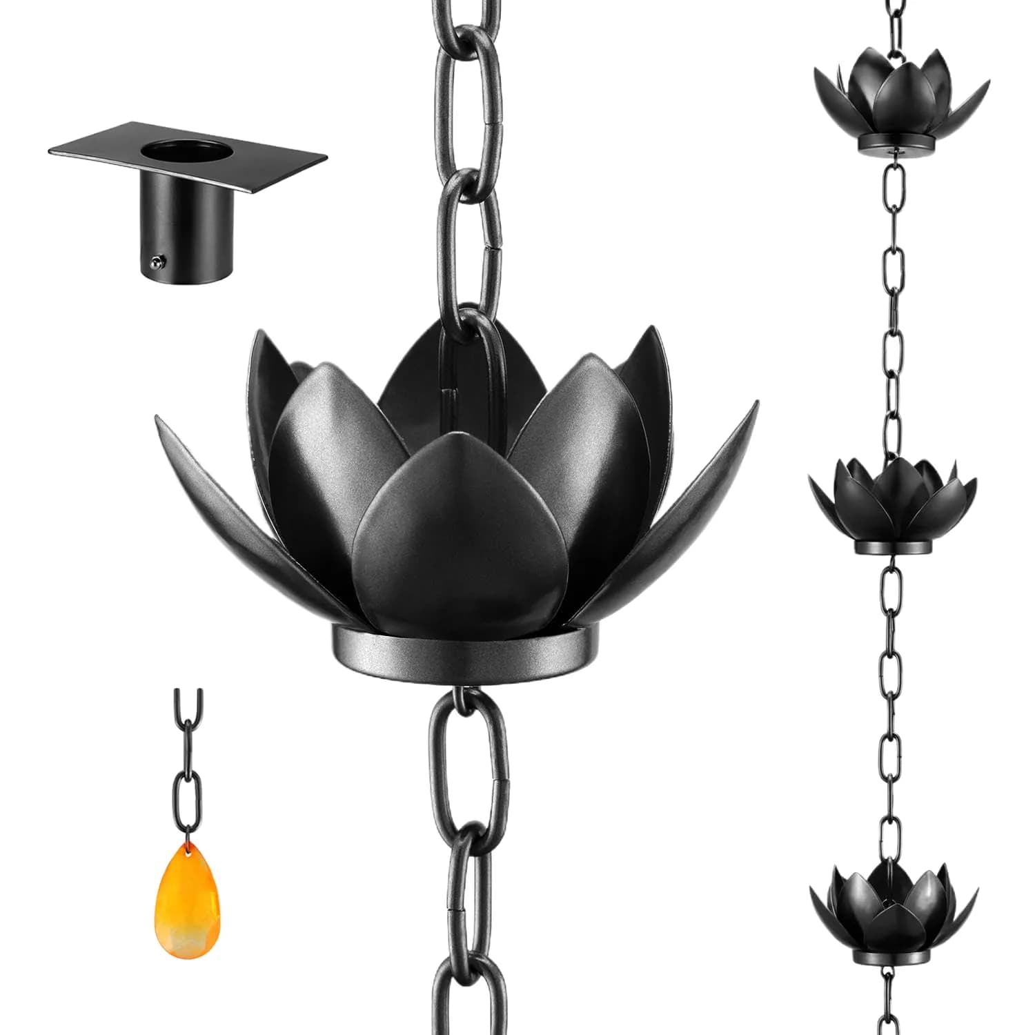 Oak Leaf Lotus Rain Chain 2.59m (8.5ft) with Adapter | Black Powder Coated, 12 Cups, Adjustable - main product image