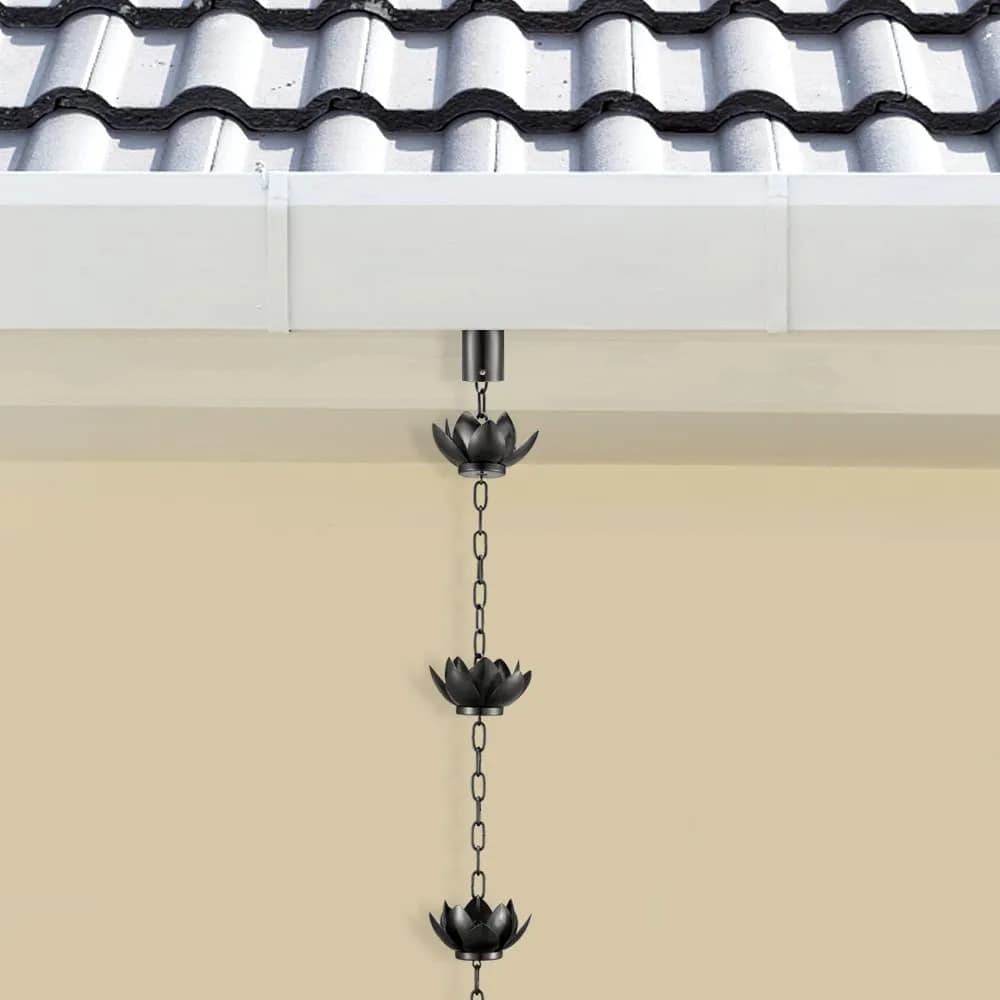 Oak Leaf Lotus Rain Chain 2.59m (8.5ft) with Adapter | Black Powder Coated, 12 Cups, Adjustable - view 5
