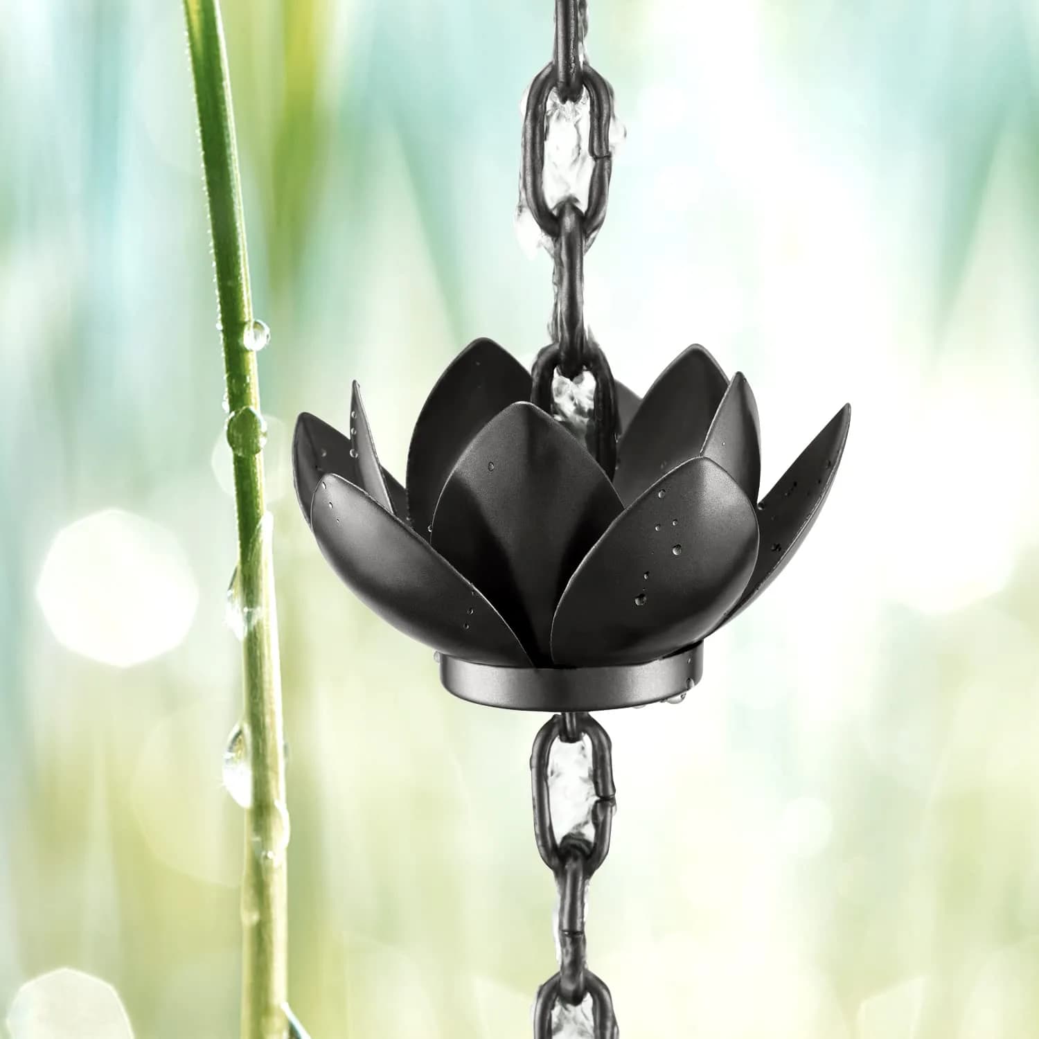 Oak Leaf Lotus Rain Chain 2.59m (8.5ft) with Adapter | Black Powder Coated, 12 Cups, Adjustable - view 6