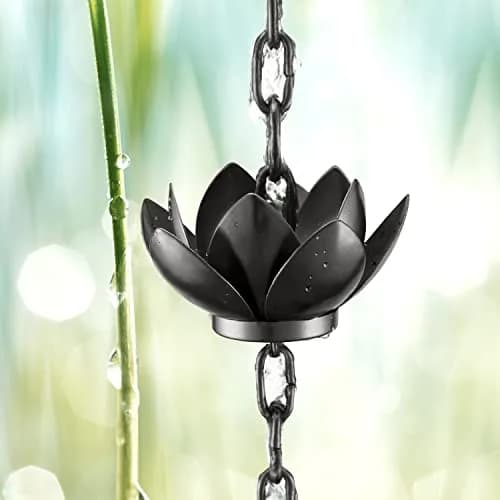 Oak Leaf Lotus Rain Chain 2.59m (8.5ft) with Adapter | Black Powder Coated, 12 Cups, Adjustable thumbnail 6