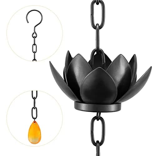 Oak Leaf Lotus Rain Chain 2.59m (8.5ft) with Adapter | Black Powder Coated, 12 Cups, Adjustable thumbnail 7