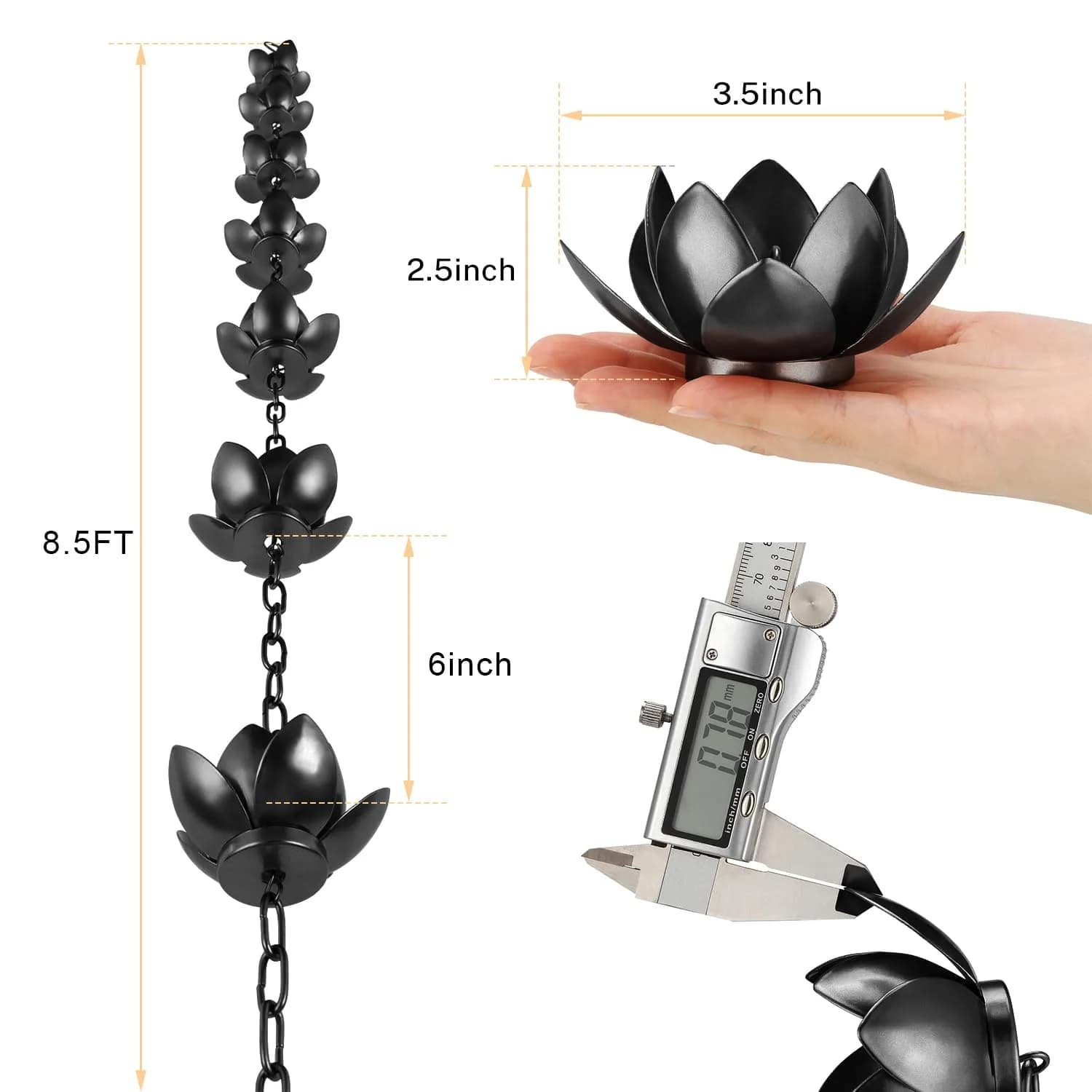 Oak Leaf Lotus Rain Chain 2.59m (8.5ft) with Adapter | Black Powder Coated, 12 Cups, Adjustable - view 3