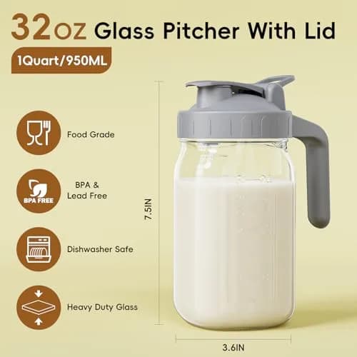 JunVpic 950ml (32 oz) Glass Mason Jar Pitcher with Leakproof Spout Lid and Handle | Safe for Formula, Breast Milk, Cold Brew Coffee thumbnail 2