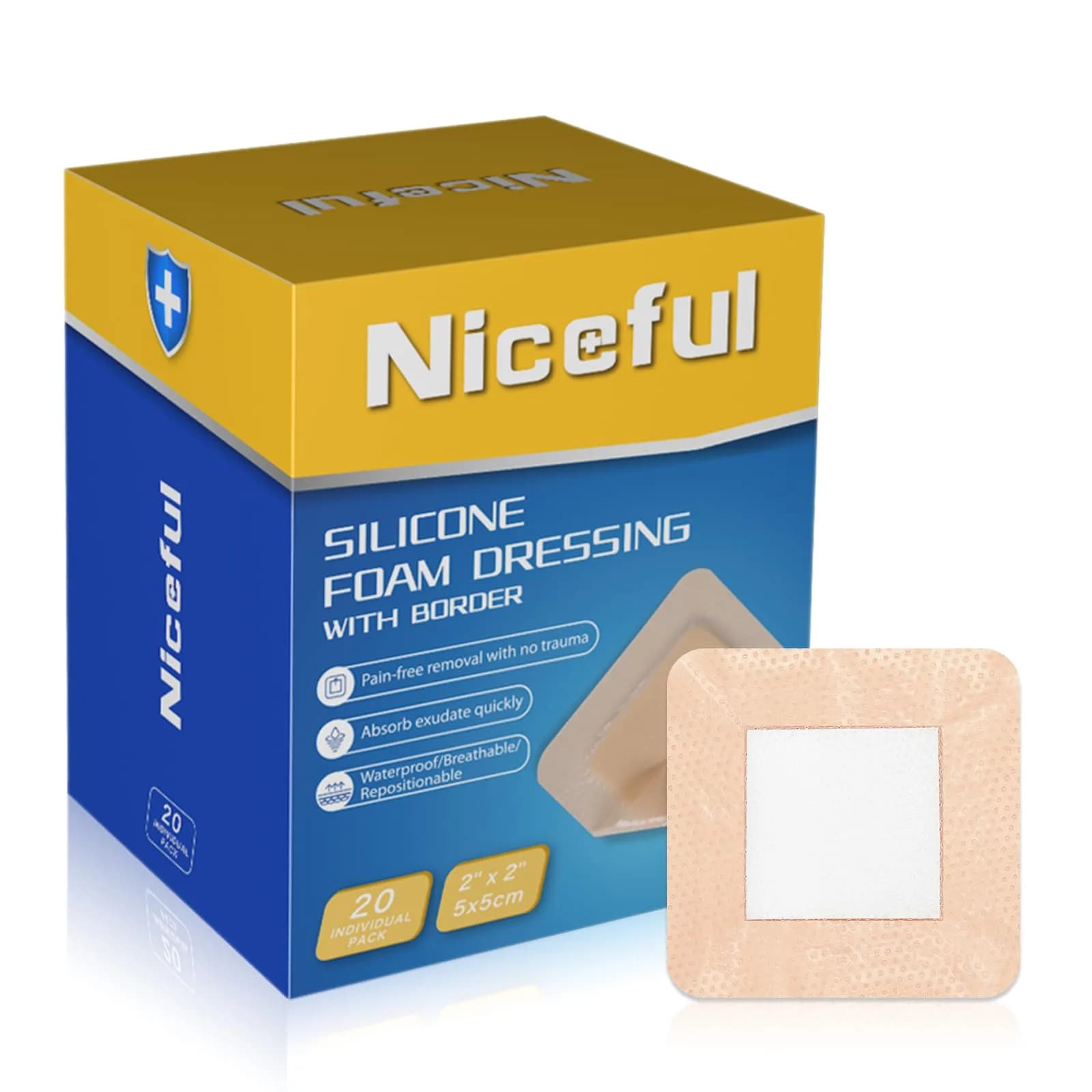 Niceful Silicone Foam Dressing Gentle Border 2"x2" (5cm x 5cm) | 5-Layer Absorbency for Moderate to High Exudate Wounds - main product image