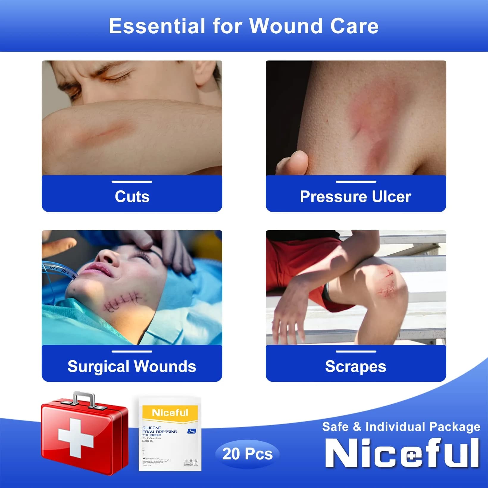 Niceful Silicone Foam Dressing Gentle Border 2"x2" (5cm x 5cm) | 5-Layer Absorbency for Moderate to High Exudate Wounds - view 5