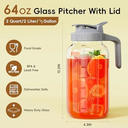 JunVpic Glass Pitcher with lid, 64 oz Wide Mouth Mason Jar | Leakproof, Heavy Duty Glass, Easy to Clean thumbnail 2