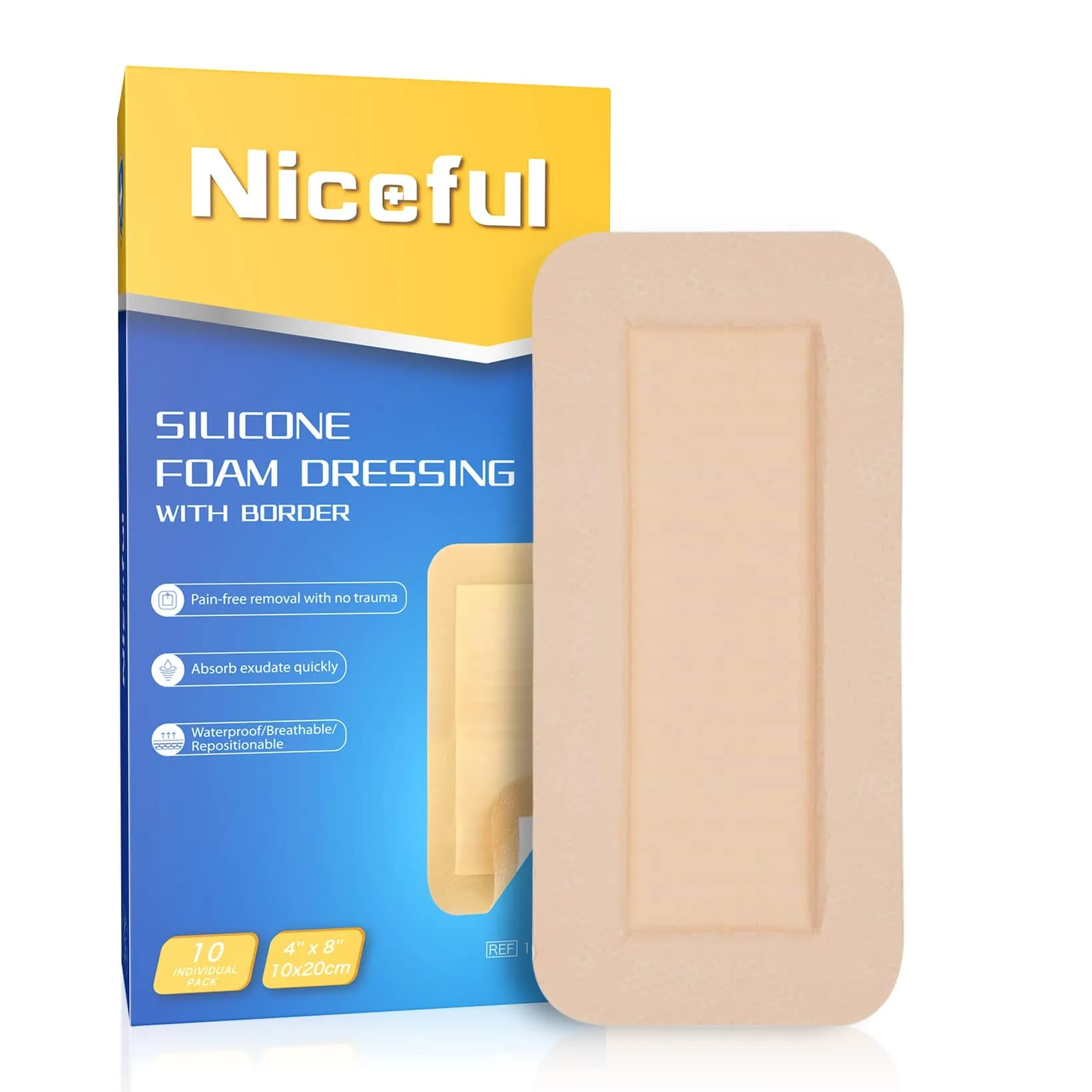 Niceful Silicone Foam Dressing 4"x8" (10 Count) | Large Sterile Wound Care Pads for Bed Sores & Post-Surgery - main product image
