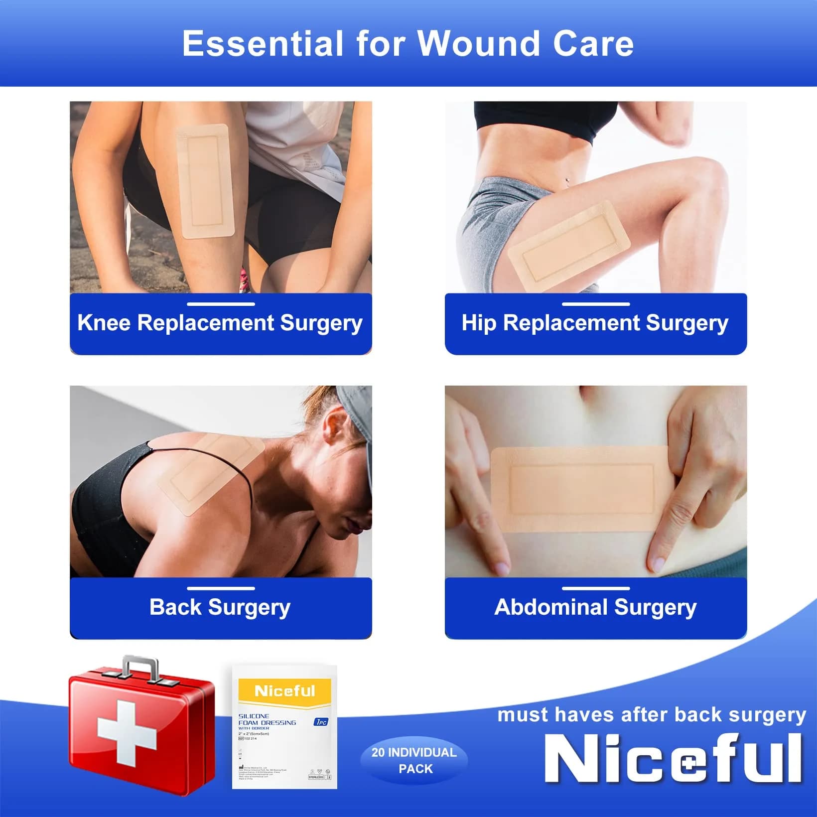 Niceful Silicone Foam Dressing 4"x8" (10 Count) | Large Sterile Wound Care Pads for Bed Sores & Post-Surgery - view 5
