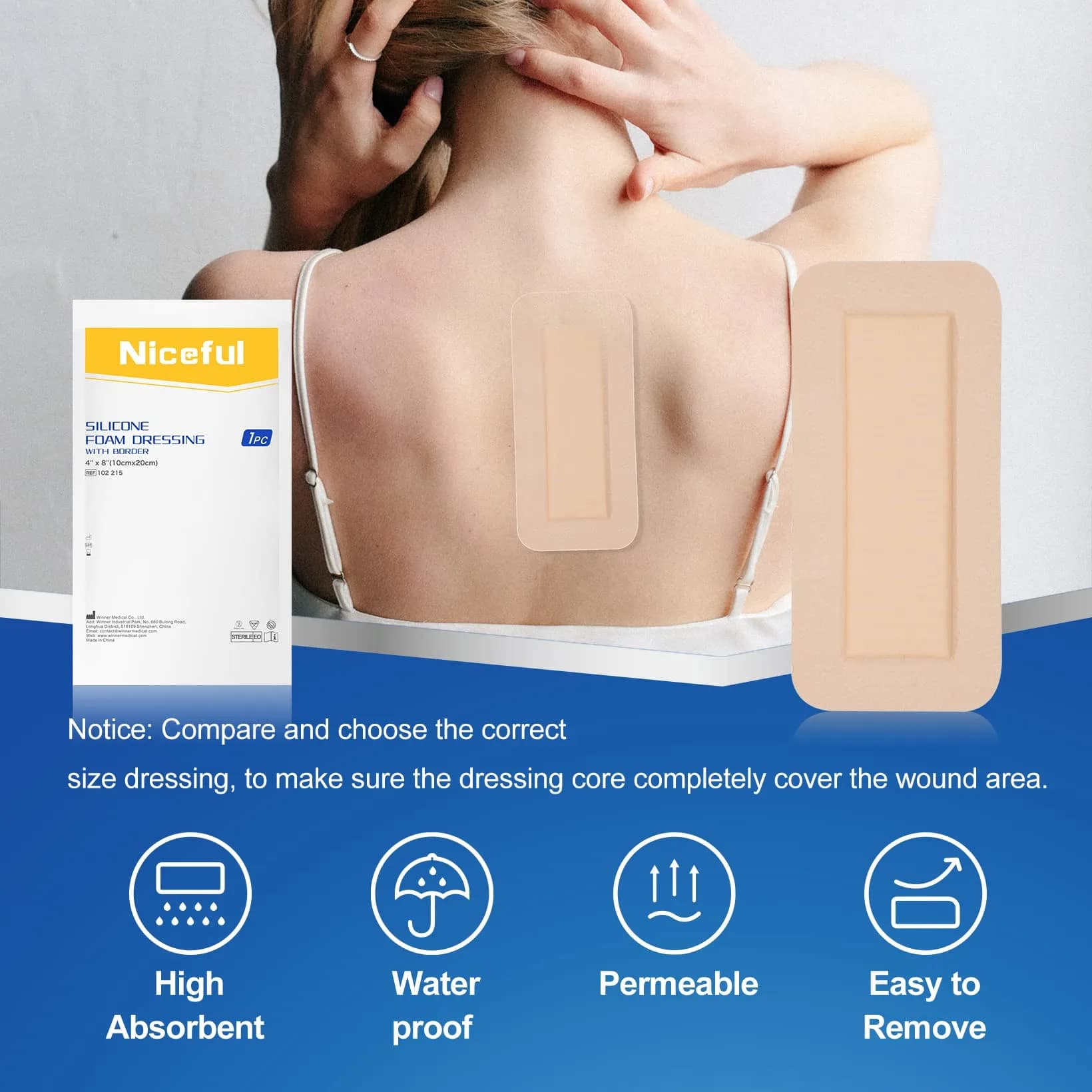 Niceful Silicone Foam Dressing 4"x8" (10 Count) | Large Sterile Wound Care Pads for Bed Sores & Post-Surgery - view 4