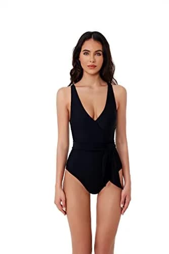 BCA by Rebecca Virtue Megan Women's One Piece Swimsuit with V-Neck, Wrap Waist Tie & Adjustable Back Strap | Black, Small thumbnail 1