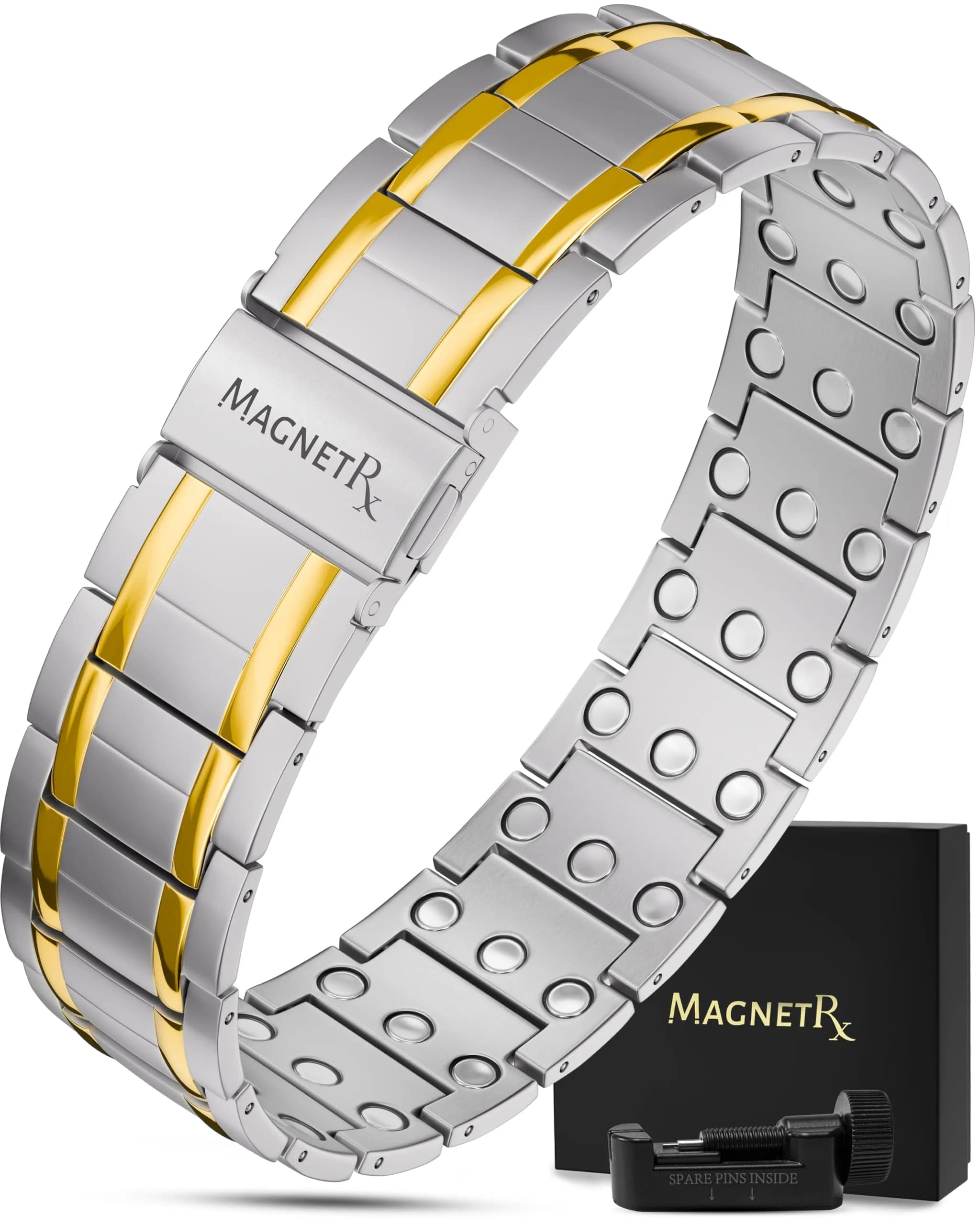 MagnetRX 3X Strength Titanium Magnetic Bracelet for Men 23cm (9.1 Inches) | Triple Strength Neodymium Magnets — Silver & Gold (3X Strength)