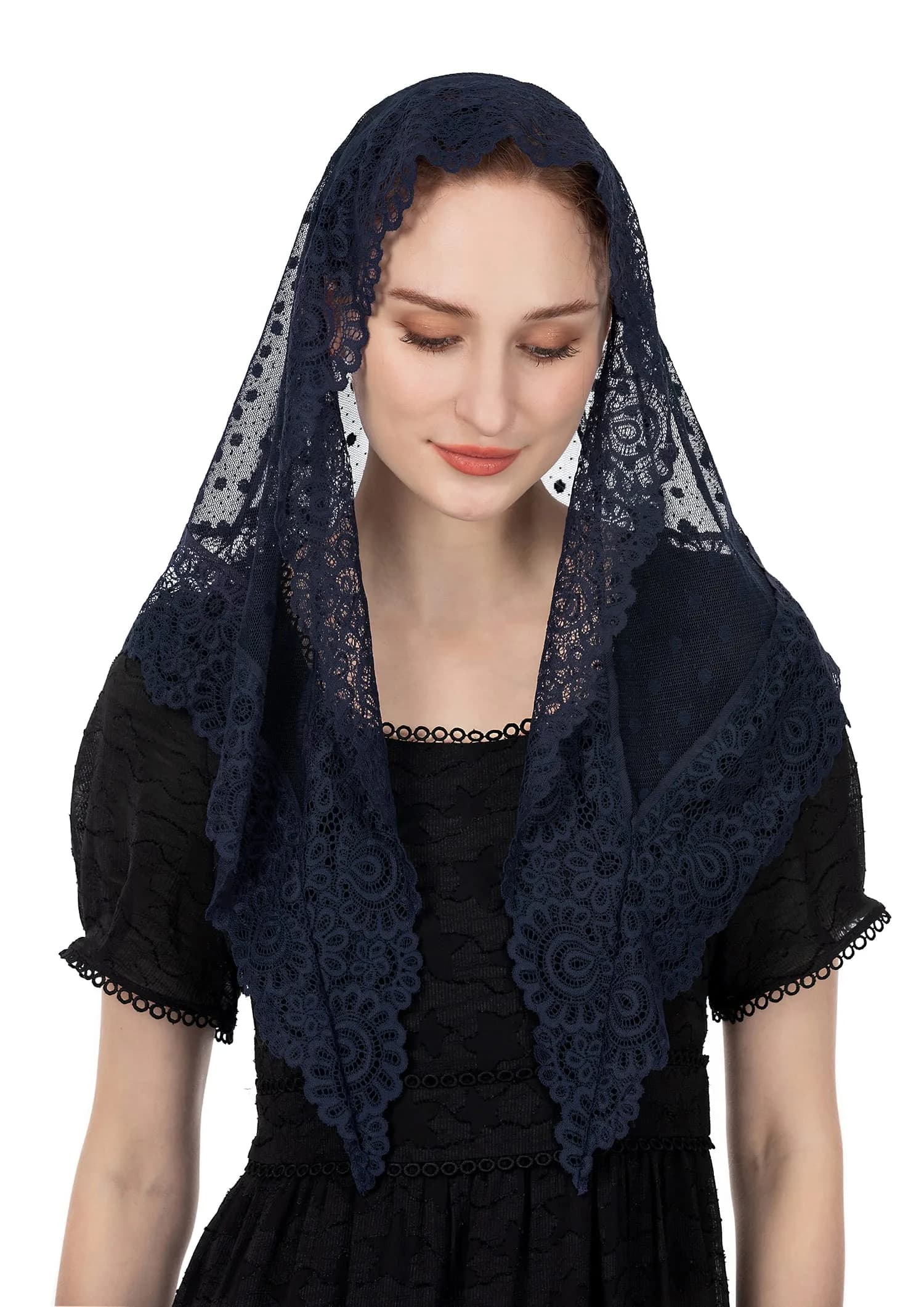 Wgior Lace Chapel Veil Navy Blue | Vintage Inspired Catholic Mass Head Covering