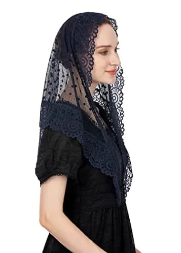 Wgior Lace Chapel Veil Navy Blue | Vintage Inspired Catholic Mass Head Covering thumbnail 2