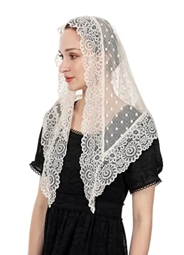Wgior Triangle Vintage Inspired Lace Chapel Veil Ivory | Elegant Church Head Covering thumbnail 1