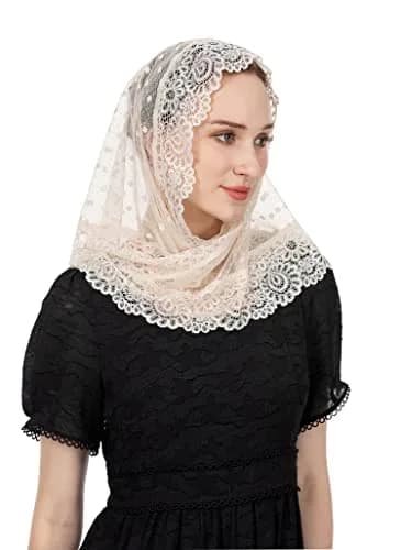 Wgior Triangle Vintage Inspired Lace Chapel Veil Ivory | Elegant Church Head Covering thumbnail 6
